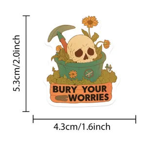 Detailed shot of waterproof sarcastic skull flower pot sticker with custom text design.