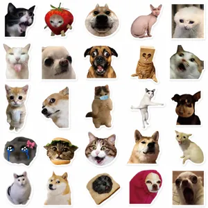 Detail view of funny meme stickers featuring cute cats and dogs, perfect for DIY laptop decors.