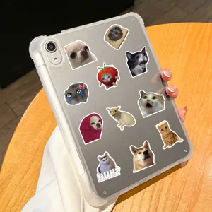 Transparent tablet protective case with funny meme cat and dog stickers for DIY decor.