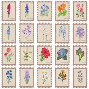 Vintage botanical floral stamp stickers detail view, showing watercolor flower designs.
