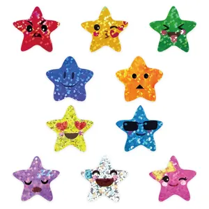 Glitter star stickers roll featuring cute emoji facial expressions in multiple vibrant colors.
