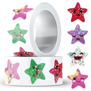 Detail view of colorful glitter star sticker roll featuring cute facial expressions for DIY craft.