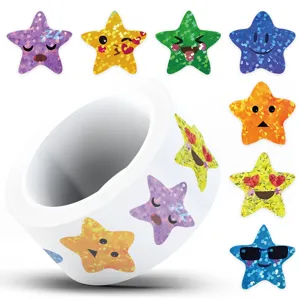 Holographic star sticker roll, 500 pcs cute expression glitter planner stickers for DIY crafts.