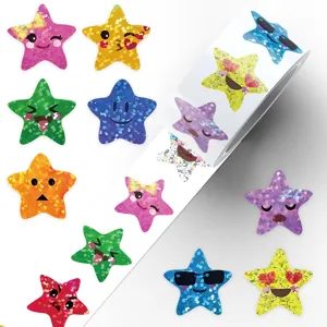 Glitter star roll stickers with cute facial expressions for journaling and DIY crafts decor.