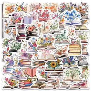 Pack d'autocollants d'art de livres et de fleurs décoratifs, autocollants de papeterie esthétiques.