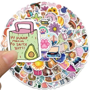 Detail view of cute cartoon VSCO stickers pack, colorful decorative decals for laptop and phone.