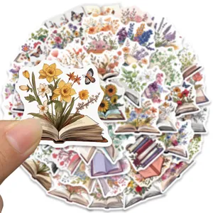 50 pcs autocollants esthétiques de livres et fleurs étanches pour ordinateur portable