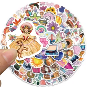 Detailed view of cute cartoon sticker pack featuring various colorful waterproof designs for decor.