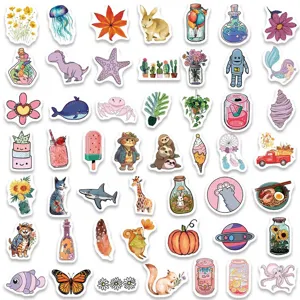 Cute cartoon sticker pack details showing various aesthetic designs for laptops and water bottles.