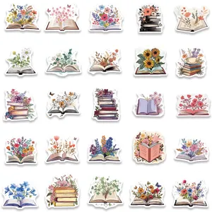Lot d'autocollants artistiques livres et fleurs, stickers botaniques pour ordinateur.