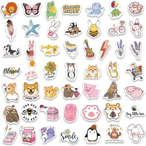 Detail view of cute cartoon sticker set featuring various animals and plants for DIY decor.