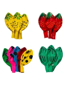 Colorful novelty printed latex balloons featuring pineapple, strawberry and soccer patterns.