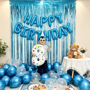 Happy birthday balloon set with blue rain curtain letter foil balloons for party decor.