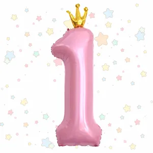 40 inch pink number 1 foil balloon with gold crown for kids birthday party decoration setup