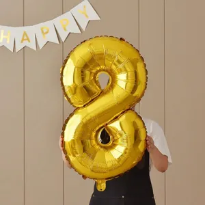 Gold number 8 foil balloon detail view, great for birthday party decoration props.