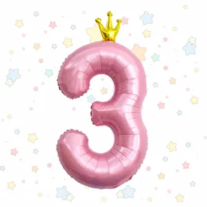 40 inch pink number 3 foil balloon with gold crown for kids birthday party decoration