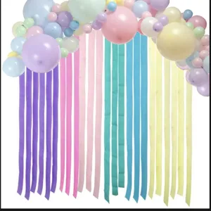 Colorful crepe paper streamers party backdrop decoration with pastel balloon arch detail display.