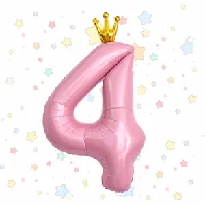 40 inch pink number 4 foil balloon with gold crown for kids birthday party decoration