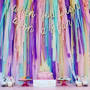 Colorful crepe paper streamers fringe backdrop for party decoration, vibrant paper rolls DIY.