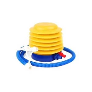 Portable foot pump for inflatables, yellow air pump with blue hose and multiple nozzles.