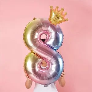 Gradient number 8 foil balloon with crown for kids birthday party and baby shower decoration.