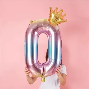 Gradient number zero foil balloon detail scene with gold crown decor for party decoration setup
