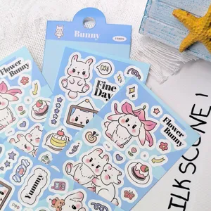 Schattige roze en witte konijnen stickerbladen, waterdichte PET dagelijkse stickers voor dagboek.
