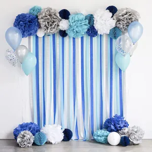 Blue silver crepe paper streamers backdrop party decorations with paper pom poms balloons.