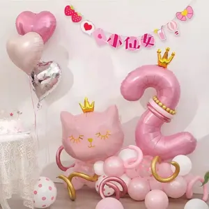 Pink number 2 and cute cat foil balloons set with crown for kids birthday party decor.