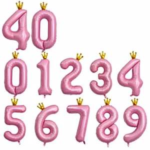 40 inch pink number foil balloon with gold crown for kids birthday party decoration setup