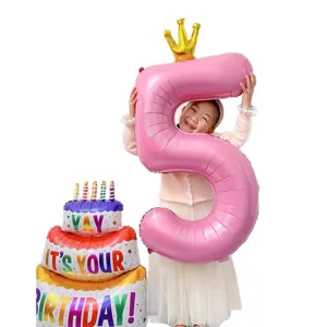 40 Inch Pink Number 5 Crown Foil Balloon Birthday Party Cake Decoration Kids Girl Set