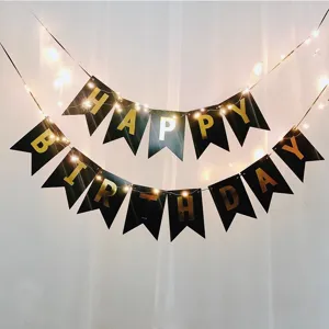 Birthday banner decoration set with fairy lights for kids party, black gold happy birthday bunting.