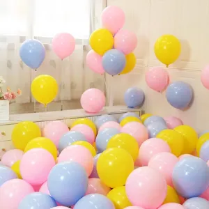 Macaron balloon scene detail showing colorful pink, yellow, blue balloons for party decoration.