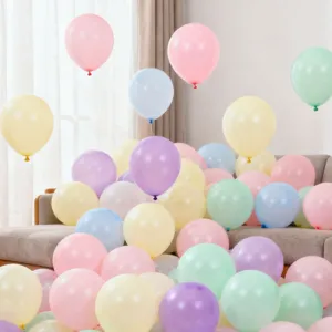 Detail view of colorful macaron pastel balloons arranged in a cozy room, perfect for party decor.