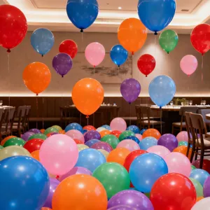 Colorful round balloons floating and scattered for party decor, vibrant event background setup.