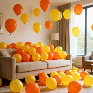 Orange and yellow round balloons set up in a living room, perfect for birthday party decoration.