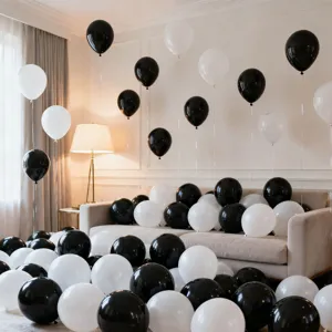 Black and white balloon set for birthday party room decoration, indoor scene detail view.