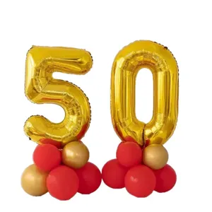 Gold number 50 foil balloons set with red and gold balloon base for birthday party decoration