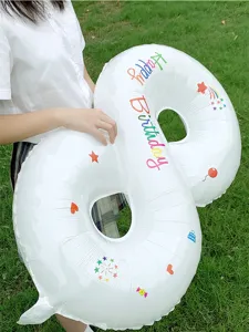 32-inch white number foil balloon with colorful birthday prints, ideal for outdoor party decor.