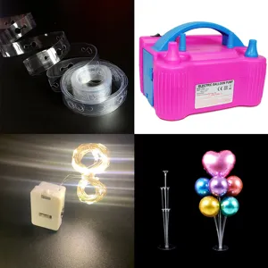 Balloon accessory set including electric pump, balloon chain, string lights and stands for party.