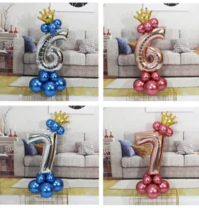 Verjaardag digitale folie ballon feestdecoratie set met kroon, kleurrijke nummers 6 en 7 ballonnen.