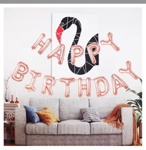 Rose gold letter balloons spelling happy birthday for party background wall decoration.