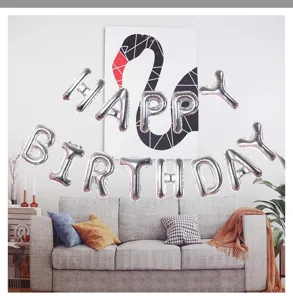 Silver foil letter balloons spelling Happy Birthday, perfect for party wall decoration.
