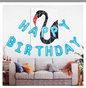 Blue Happy Birthday letter foil balloons for kids party wall decoration background.