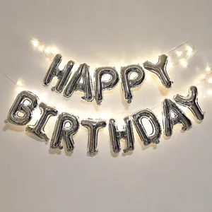 Silver Happy Birthday foil balloons set with fairy string lights for birthday party wall decor