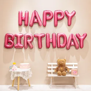 Pink happy birthday foil balloon banner set for kids party wall background decoration props.