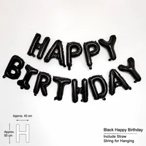 Black happy birthday letter balloon banner set for party decoration and photo background