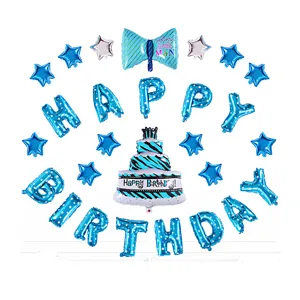 Blue happy birthday foil balloon set with cake and star balloons for party decoration.