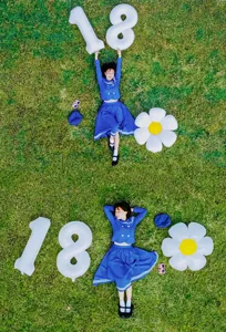 Outdoor party scene layout featuring white number 18 foil balloons and daisy decor props.