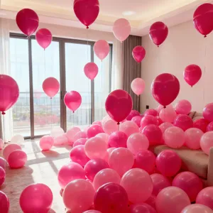 Pink balloon set for birthday party decorations, thick round balloons for kids room setup.